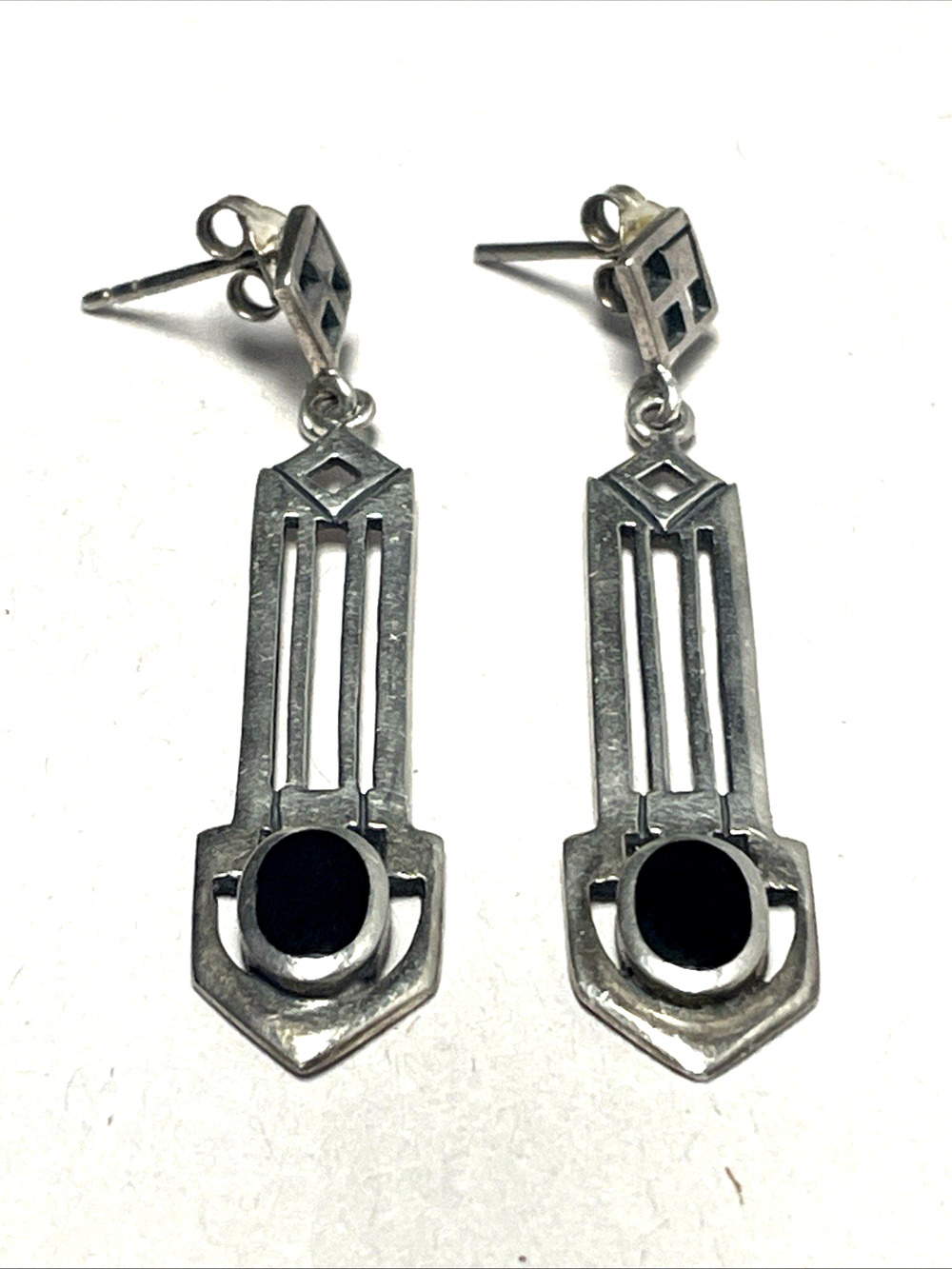Vintage KH93 925 Sterling Silver Black Onyx Art Deco Drop Dangle Earrings